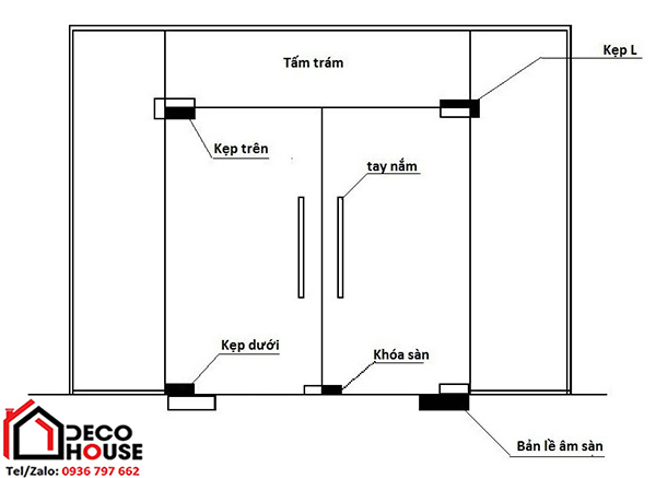 Bản vẽ cửa kính cường lực bản lề sàn 2 cánh