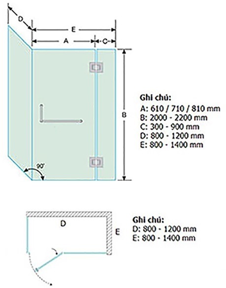 Kích thước vách tắm kính 90 độ