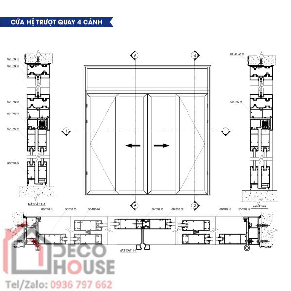 Kích thước cửa nhôm kính trượt quay 4 cánh chuẩn