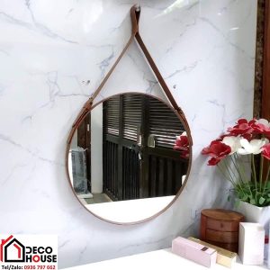 Gương tròn dây da treo bàn trang điểm