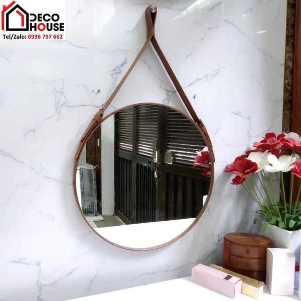 Gương tròn treo tường dây da